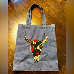 Canvas tote bag with floral bull/cow head patch - denim